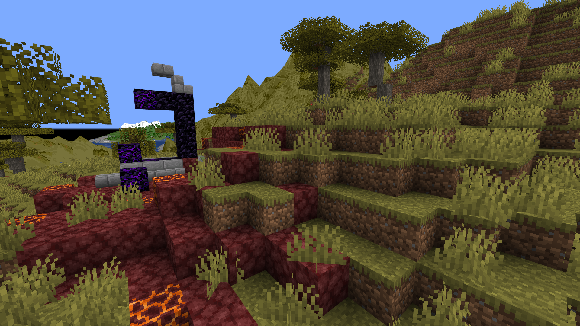Large voxel survival world with a village, farms, mountains, and adventurers